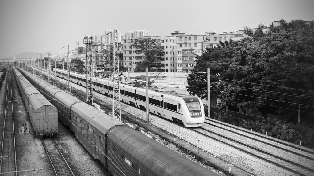 high speed railway train in black and white.