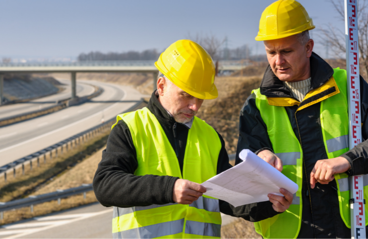 two construction workers in workwear reviewing a document, with a highway in the background.