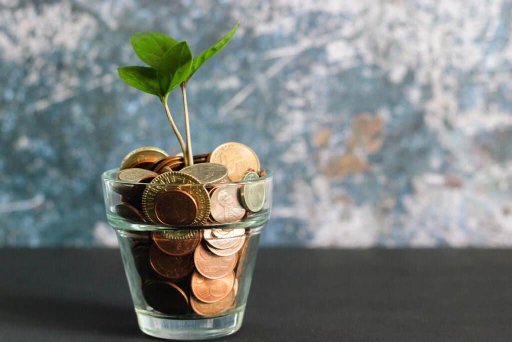 A small glass filled with coins and a small green plant growing from it