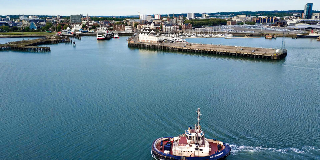 Southampton port with boat in the foreground