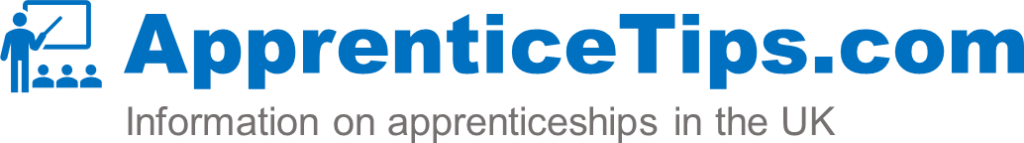 Apprenticeship logo for ApprenticeTips.com in blue writing with the text information on apprenticeships in the in grey writing. Also show a person pointing to a boarding teaching three other people.