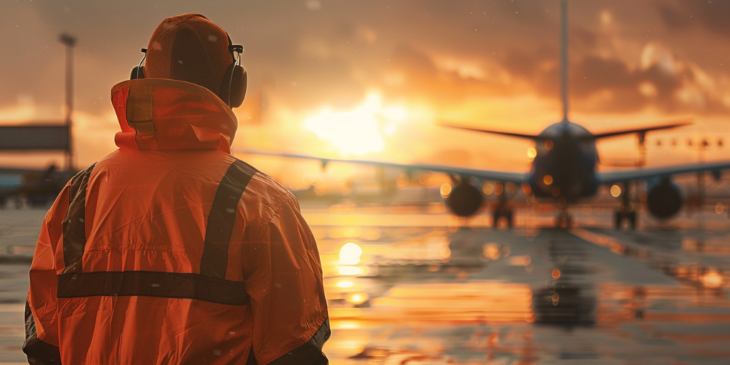 Aircraft Certifying Engineer looking at plane taking off towards sunset