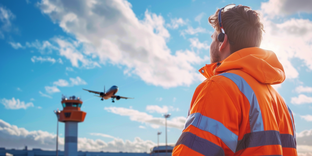 an airport engineer wearing an orange high visability jacket looks up and watches a plane take off into the blue sky with clouds