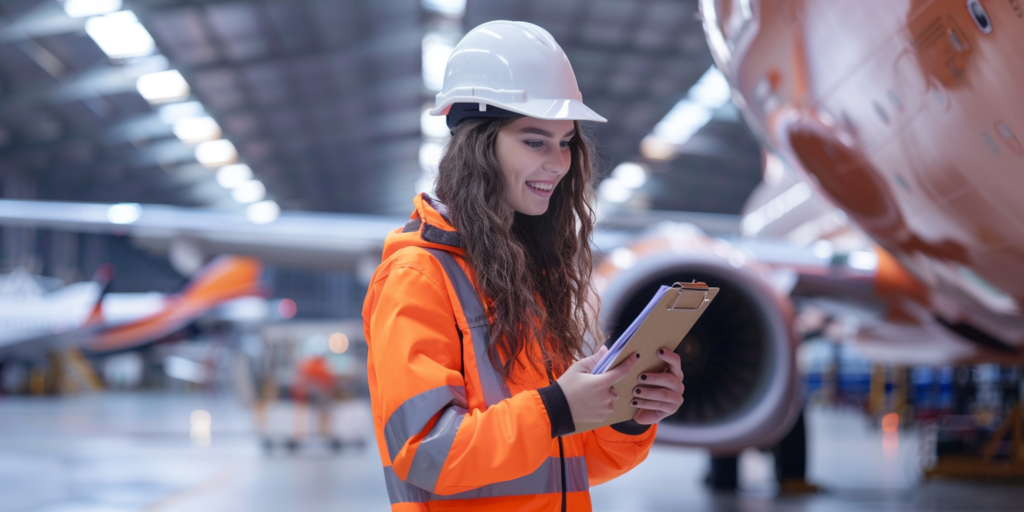 Aircraft Certifying Engineer inspects plane with clipboard.