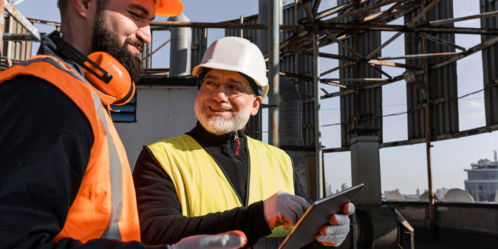 Older construction worker with glasses pointing at tablet while other worker looks